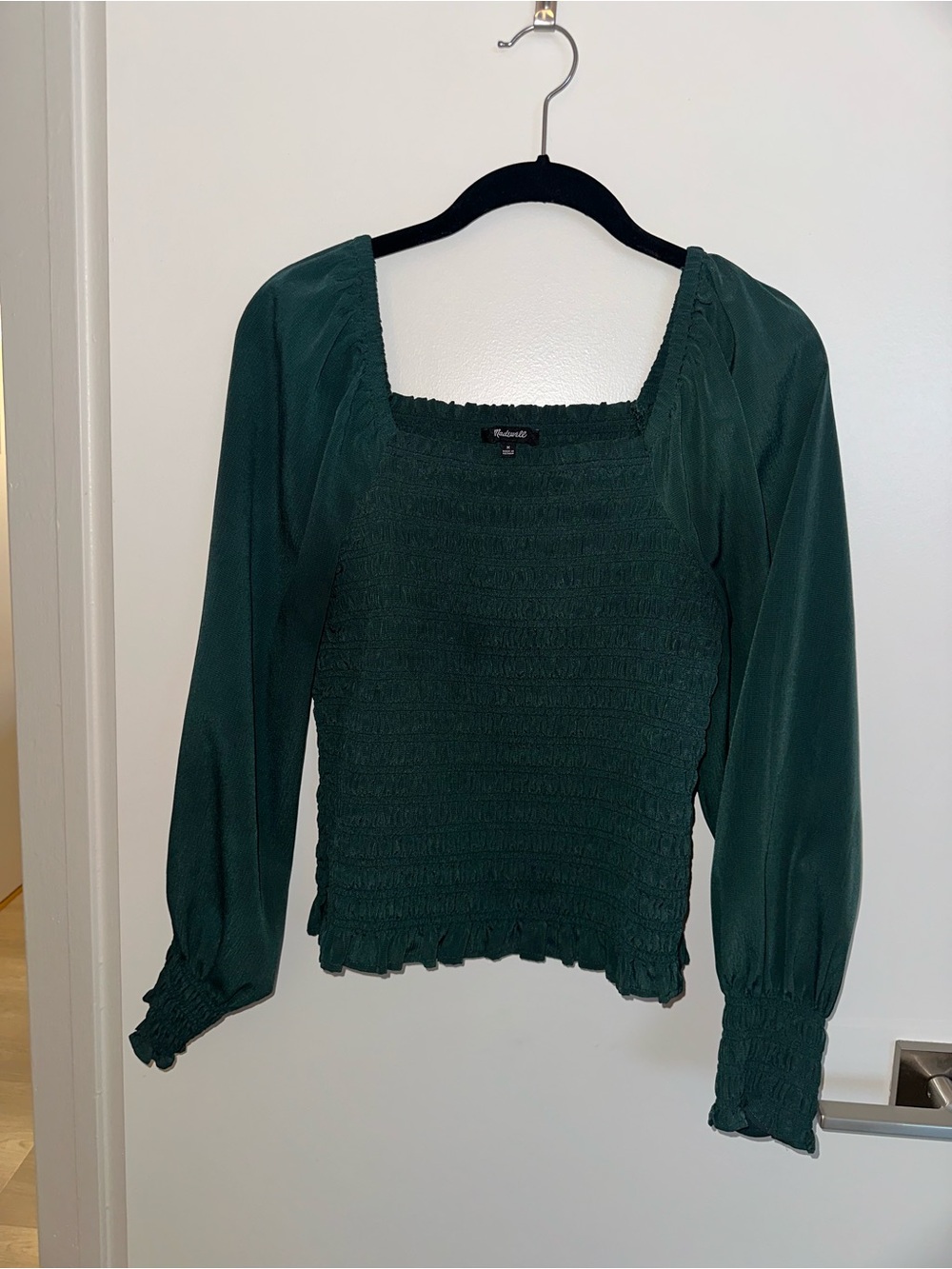 Madewell Deep Green Smocked Square-Neck Long Sleeve Top